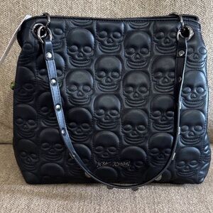 Betsey Johnson XOMIA black skull bag with martini glass keychain